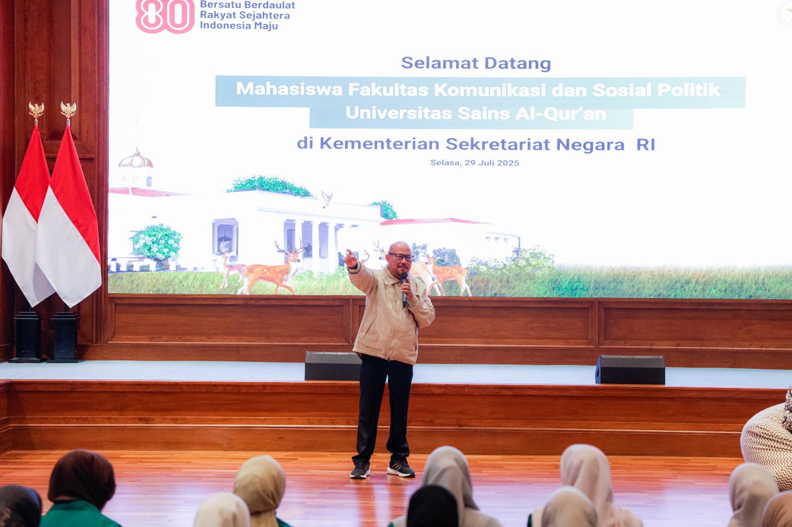 Terima Mahasiswa Universitas Sains Al-Quran,  Kemensetneg Ajak Mahasiswa Sosialisasikan Tema dan Logo HUT ke-80 RI | Sekretariat Negara
