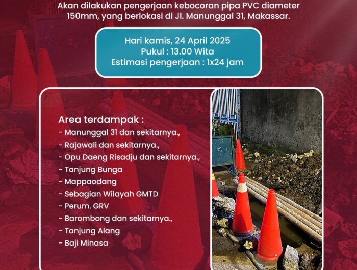 PDAM Kota Makassar Perbaiki Kebocoran Pipa di Jl. Manunggal 31, Layanan Air Bersih Sementara Terganggu