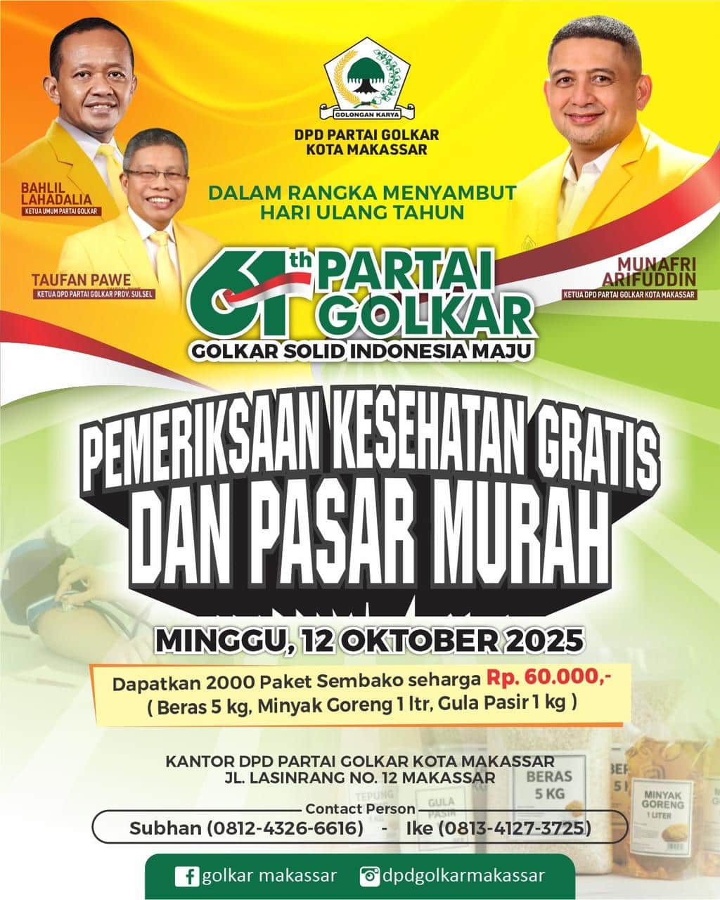 Peringatan HUT ke-61, Golkar Makassar Berbagi Dua Ribu Paket Sembako Murah dan Pemeriksaan Kesehatan Gratis