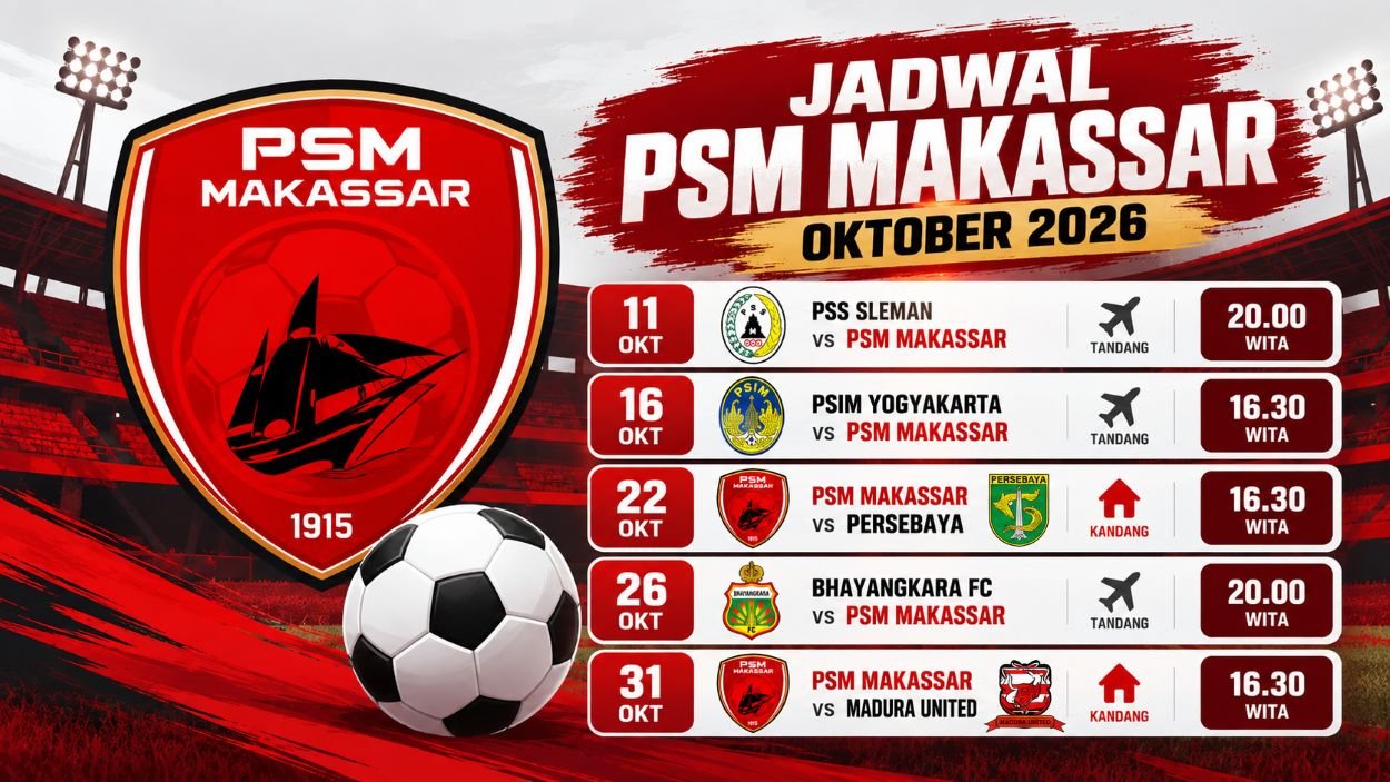 Jadwal PSM Makassar Oktober 2026: 5 Pertandingan, 3 Tandang